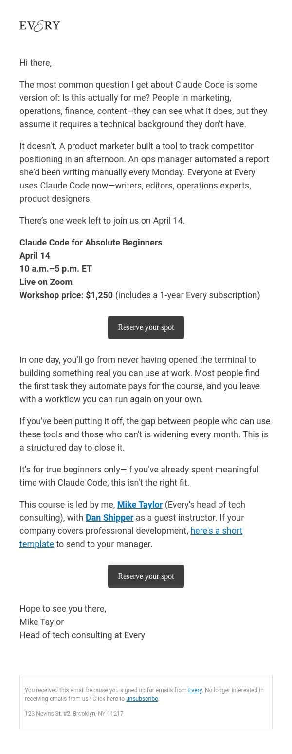 One week left to join Claude Code for Absolute Beginners email from Every screenshot