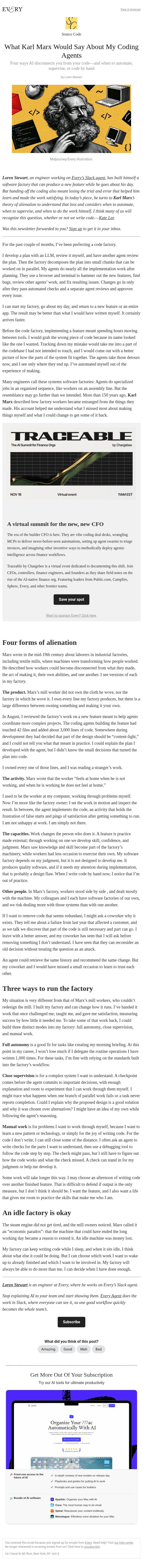 What Karl Marx Would Say About My Coding Agents email from Every screenshot