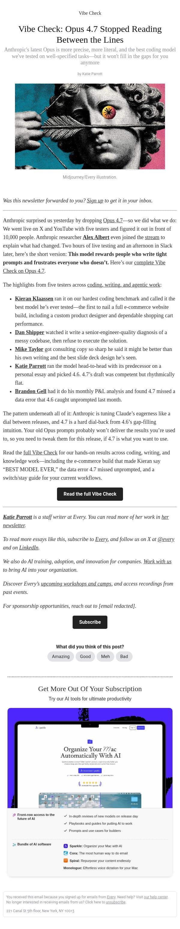 Vibe Check: Opus 4.7 Stopped Reading Between the Lines email from Every screenshot