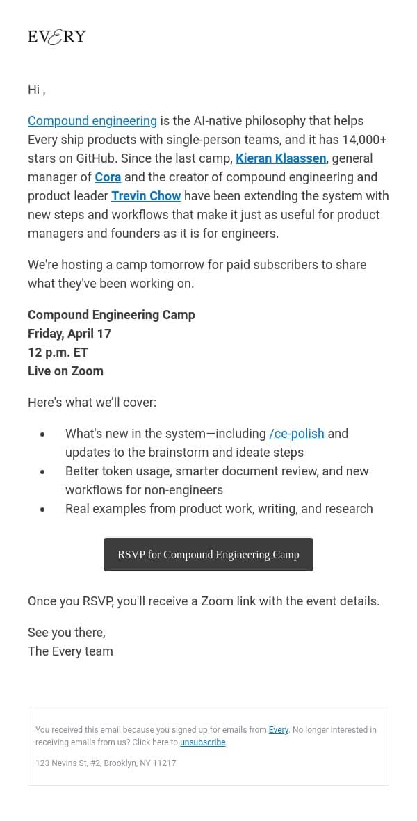Compound Engineering Camp with Kieran is tomorrow email from Every screenshot