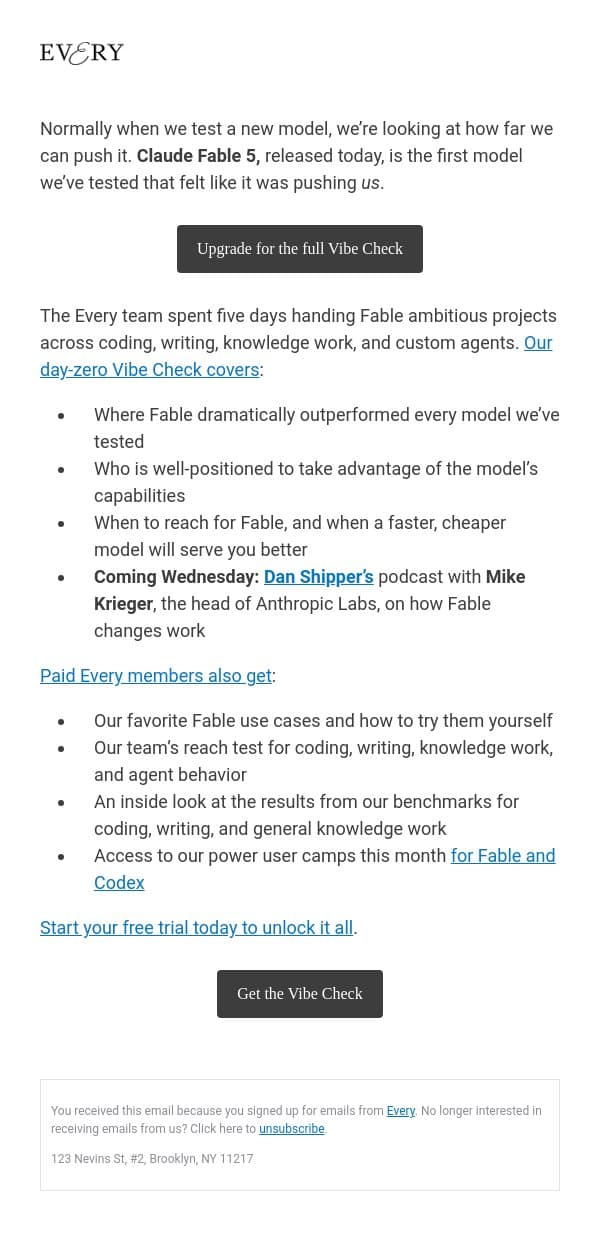 Vibe Check: Fable 5 Is the Best Coding Model in the World email from Every screenshot
