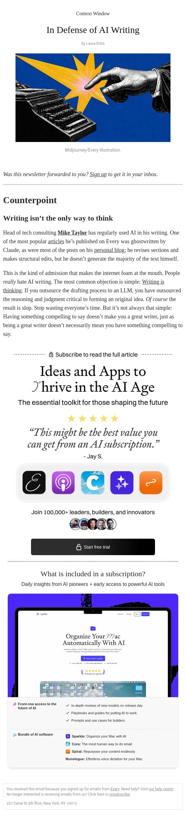 In Defense of AI Writing email from Every screenshot
