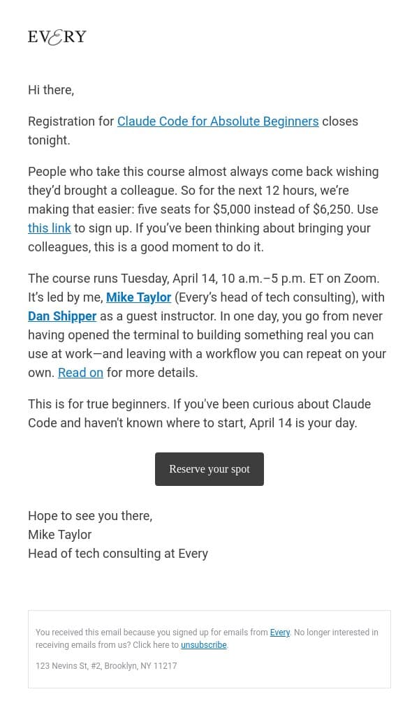 Claude Code for Absolute Beginners: 12 hours left to register—20% off for teams email from Every screenshot