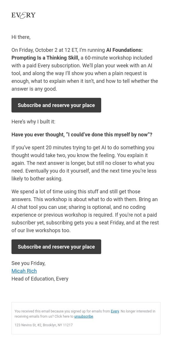 Live workshop Friday, October 2: Prompting Is a Thinking Skill email from Every screenshot