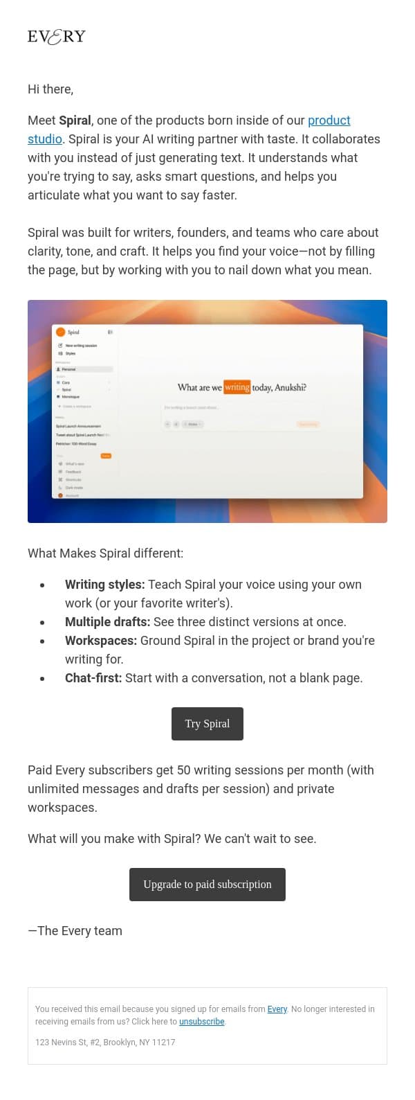 7/9: Meet Spiral—your AI writing partner with taste email from Every screenshot