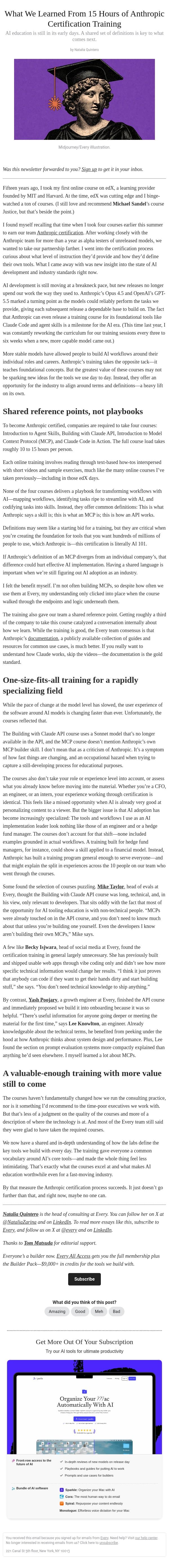 What We Learned From 15 Hours of Anthropic Certification Training email from Every screenshot