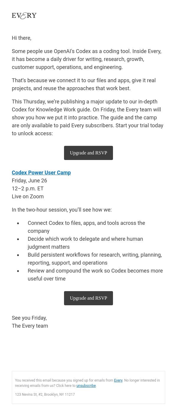 RSVP: See how we use Codex to run Every email from Every screenshot
