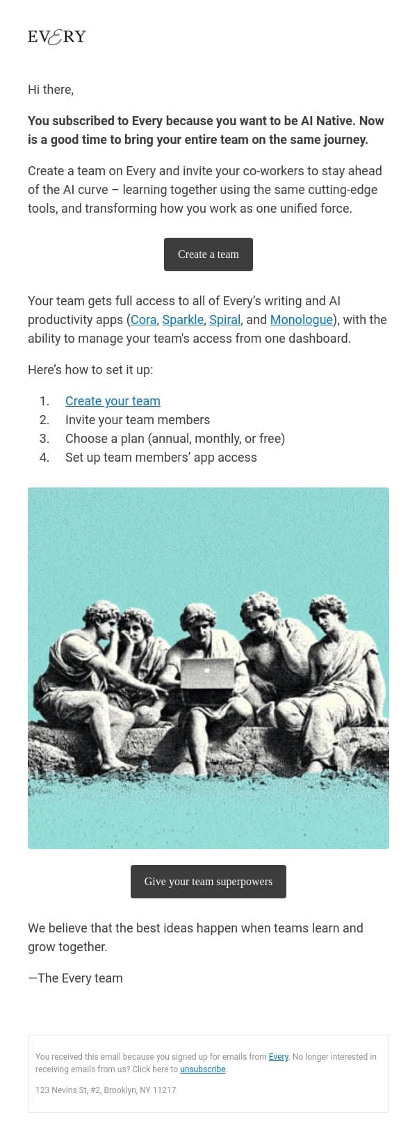 8/9: Give your team AI superpowers email from Every screenshot