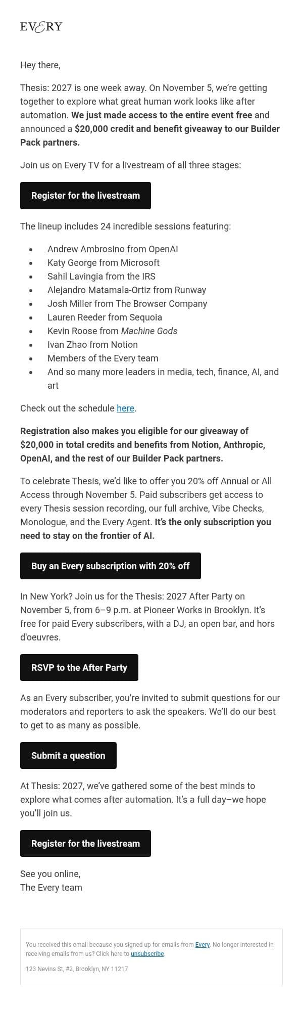We made the Thesis: 2027 livestream free! email from Every screenshot