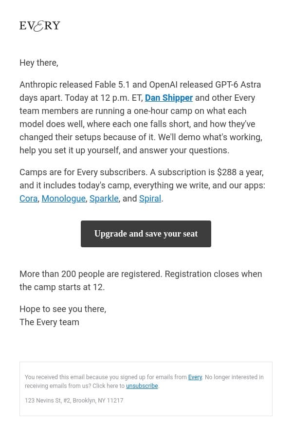 Today at 12 ET: How we're using Fable 5.1 and GPT-6 Astra email from Every screenshot
