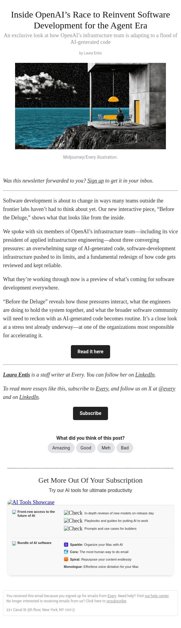 Inside OpenAI’s Race to Reinvent Software Development for the Agent Era email from Every screenshot