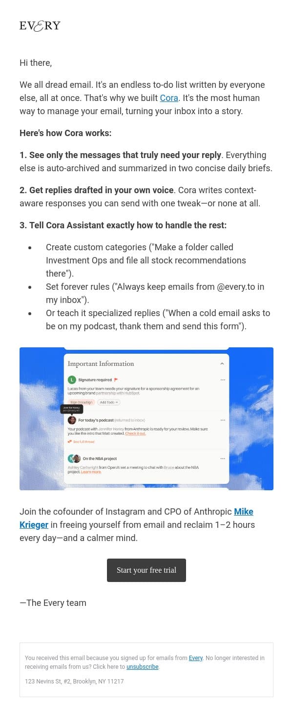 5/9: Spend less time in your email—join Cora email from Every screenshot