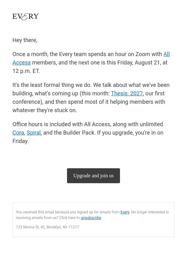 Office Hours this Friday: an hour with the Every team email from Every screenshot