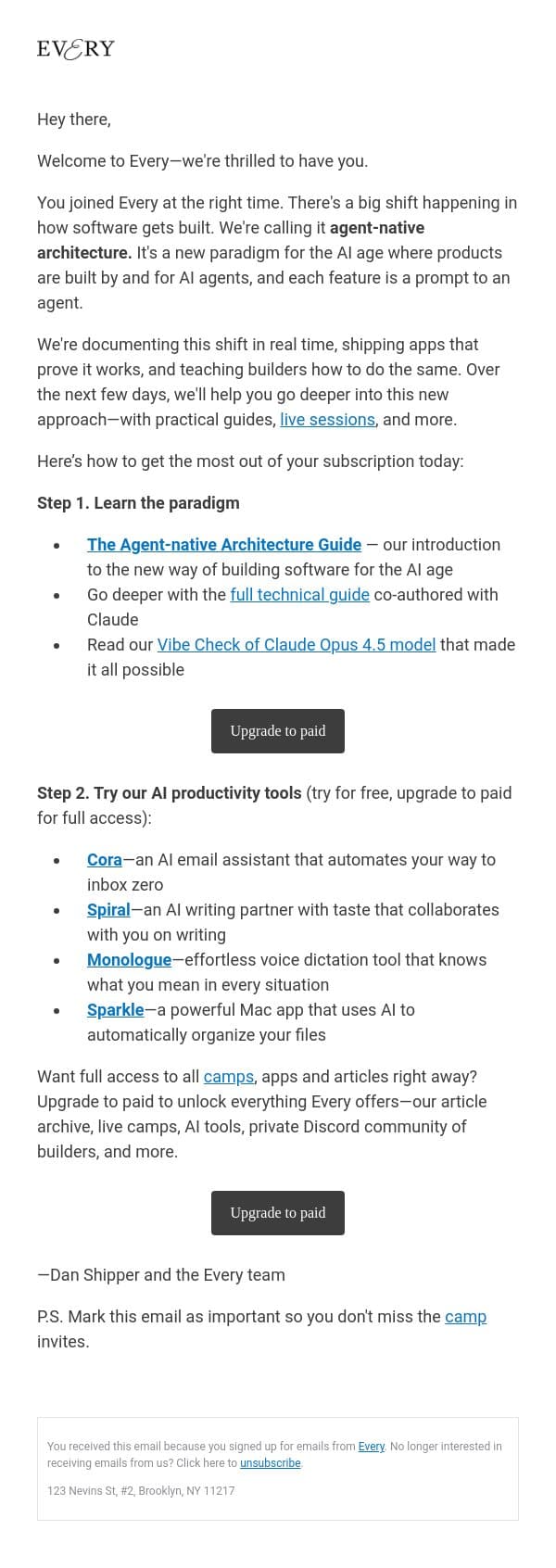 1/9: Welcome to Every—it's time to go agent-native email from Every screenshot
