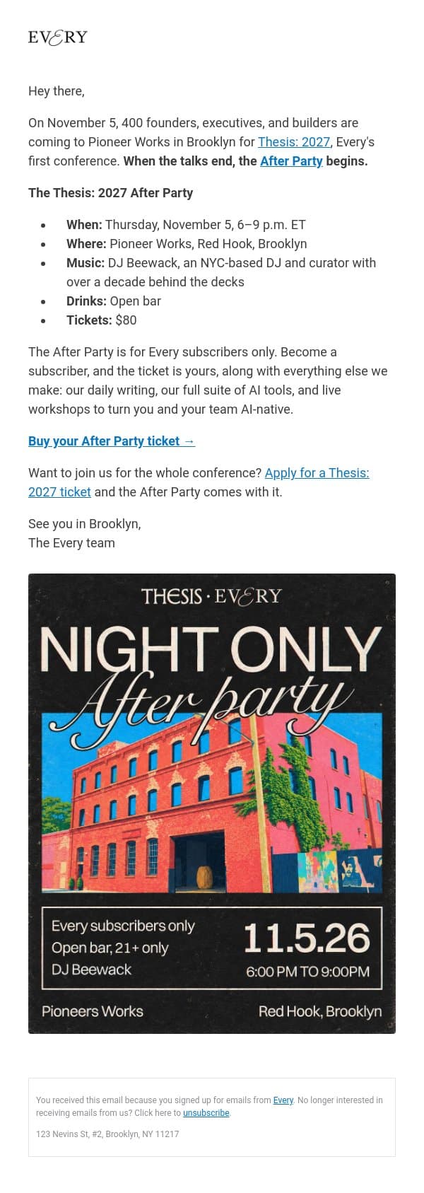 You're invited: Thesis: 2027 After Party email from Every screenshot
