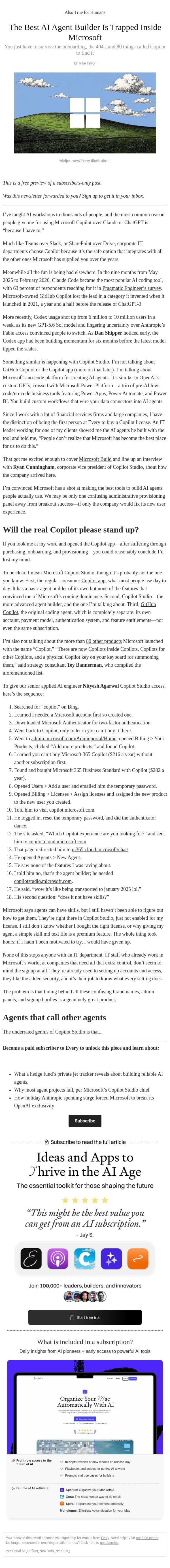The Best AI Agent Builder Is Trapped Inside Microsoft email from Every screenshot