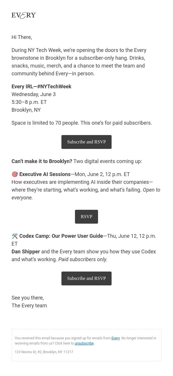 You’re invited: Every 🤝 IRL + 2 digital events email from Every screenshot