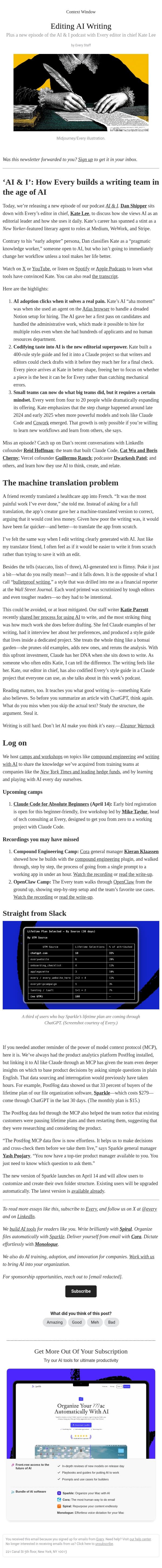Editing AI Writing email from Every screenshot