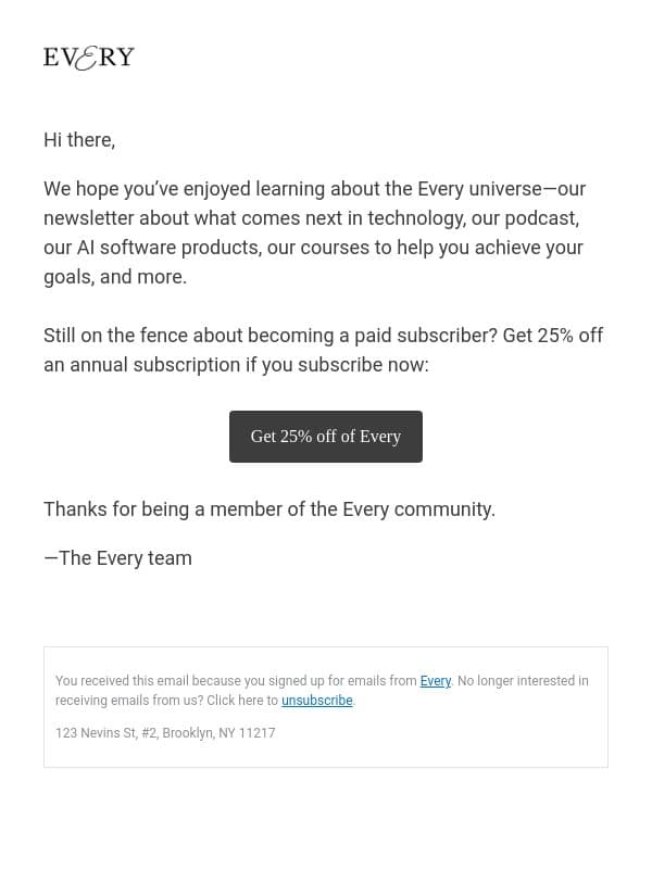 Special discount code for Every email from Every screenshot