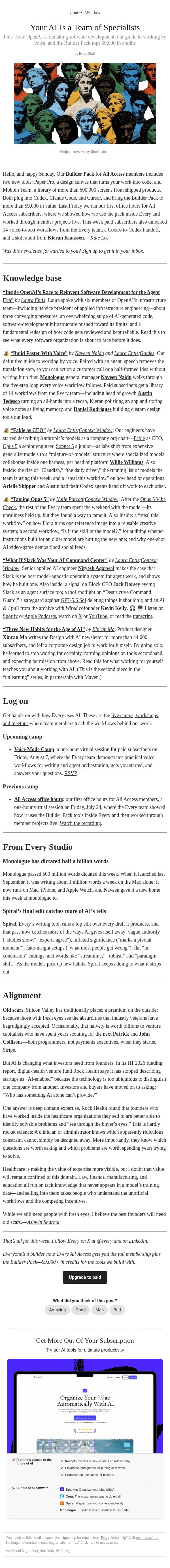 Your AI Is a Team of Specialists email from Every screenshot