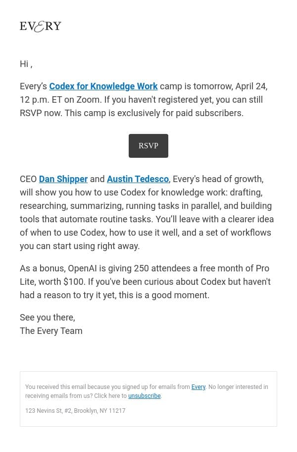 Every's Codex for knowledge work camp is tomorrow—plus, free OpenAI Pro Lite codes email from Every screenshot