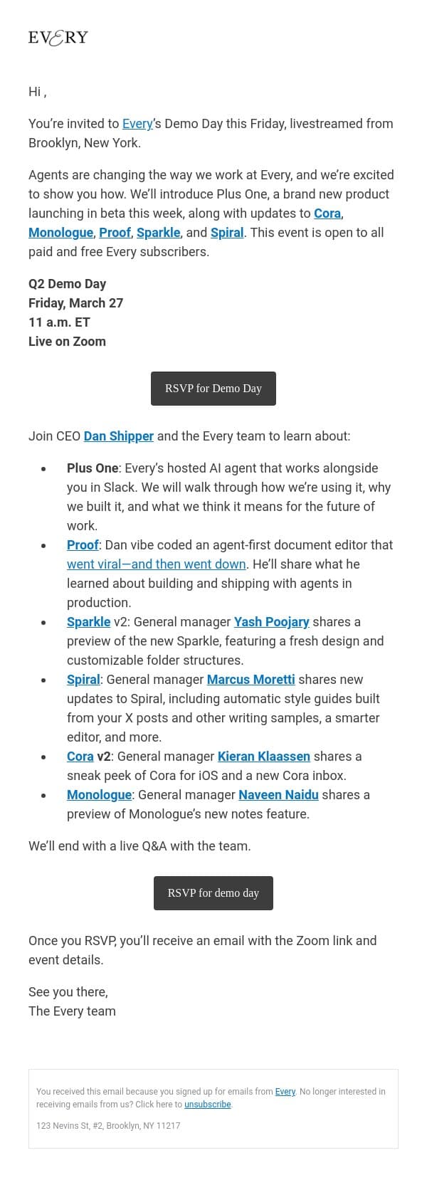 You’re invited to Every’s Q2 Demo Day—get a first look at our new AI agent email from Every screenshot
