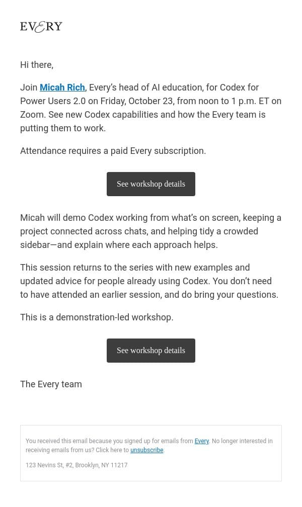 Codex for Power Users 2.0: Live workshop this Friday email from Every screenshot