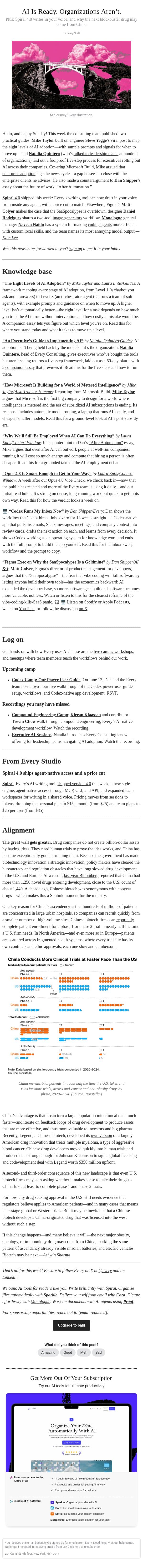AI Is Ready. Organizations Aren’t. email from Every screenshot