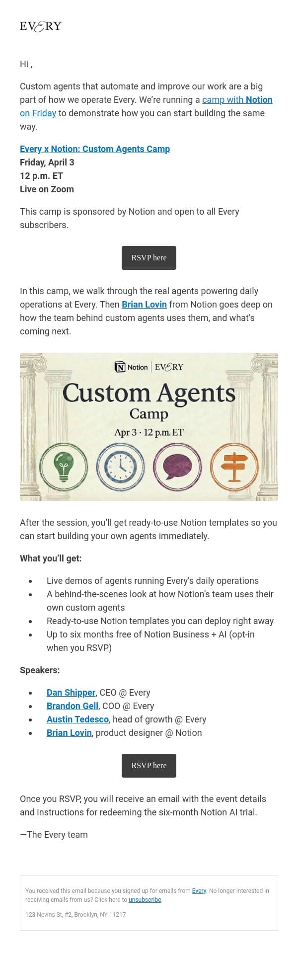 You’re invited to Every’s Custom Agents Camp—a live workshop with Notion email from Every screenshot