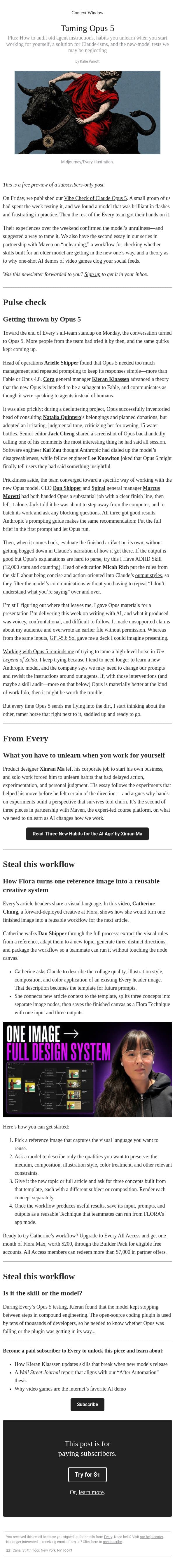 Taming Opus 5 email from Every screenshot
