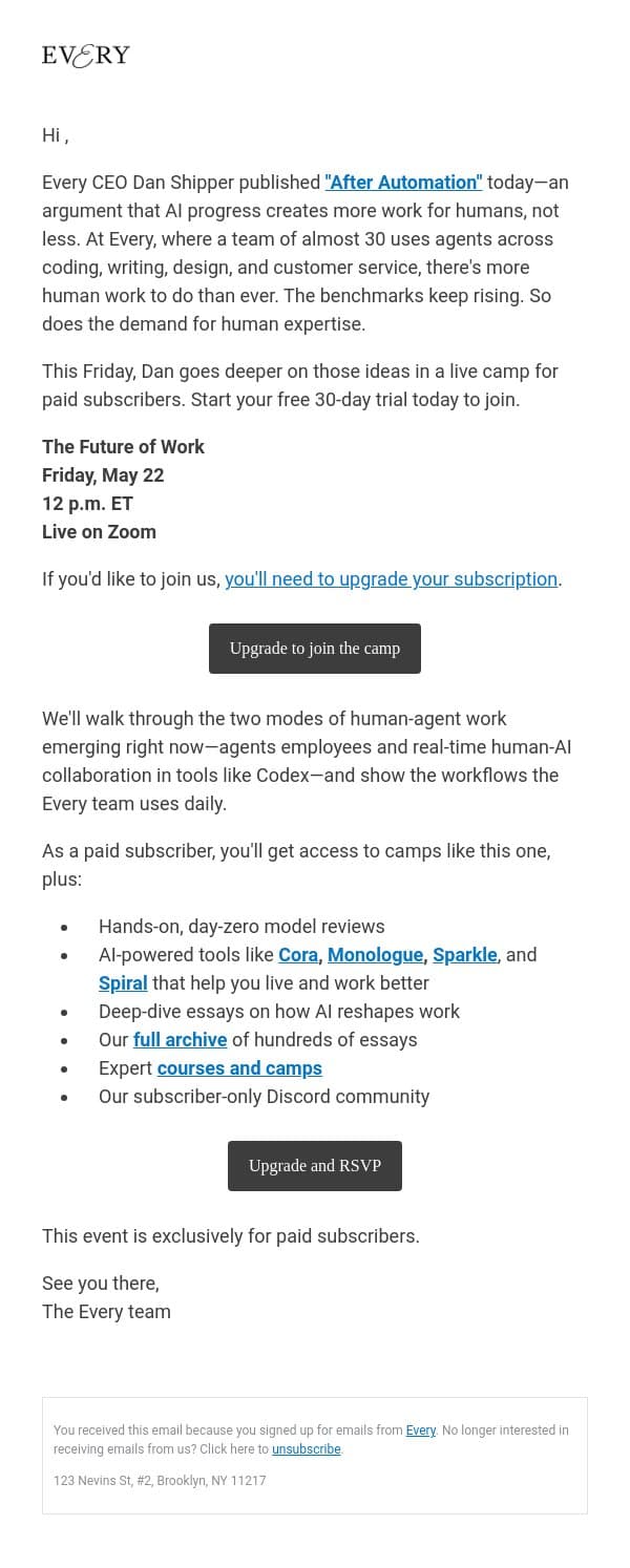 The Future of Work: Live camp tomorrow email from Every screenshot