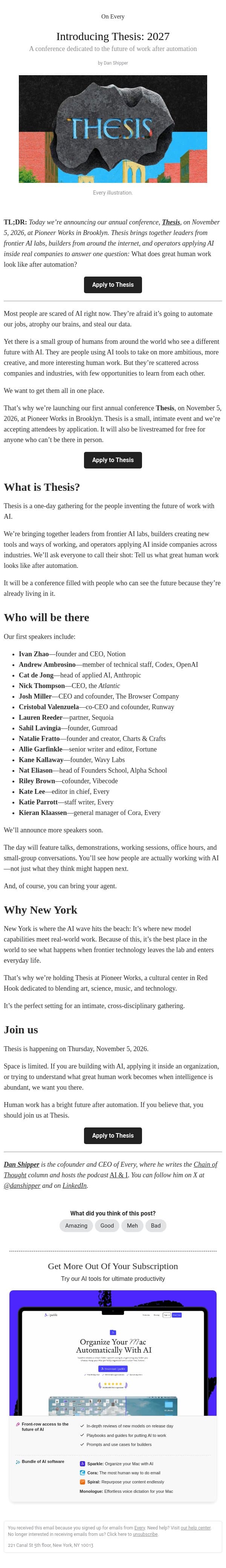 Introducing Thesis: 2027 email from Every screenshot
