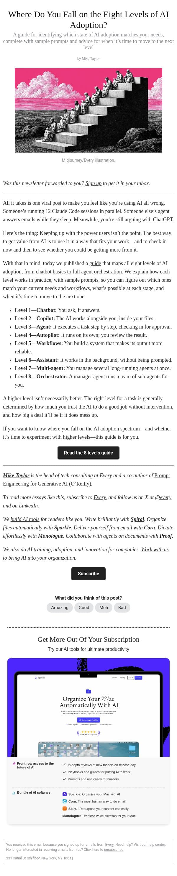 Where Do You Fall on the Eight Levels of AI Adoption? email from Every screenshot