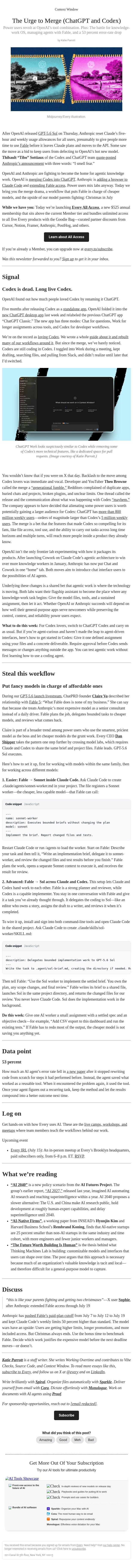 The Urge to Merge (ChatGPT and Codex) email from Every screenshot