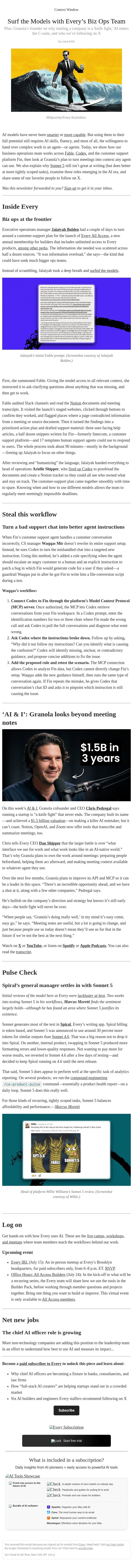 Surf the Models with Every’s Biz Ops Team email from Every screenshot