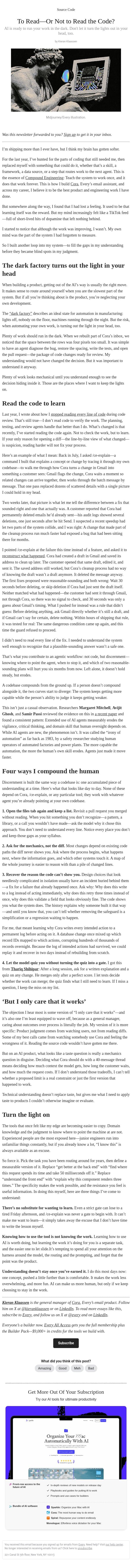 To Read—Or Not to Read the Code? email from Every screenshot