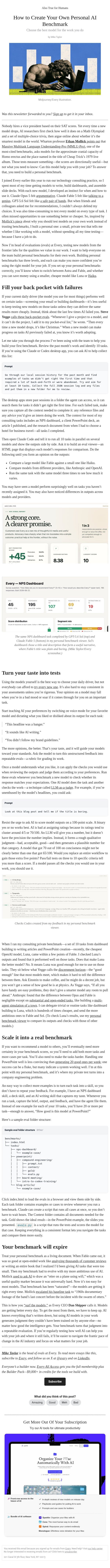 How to Create Your Own Personal AI Benchmark email from Every screenshot