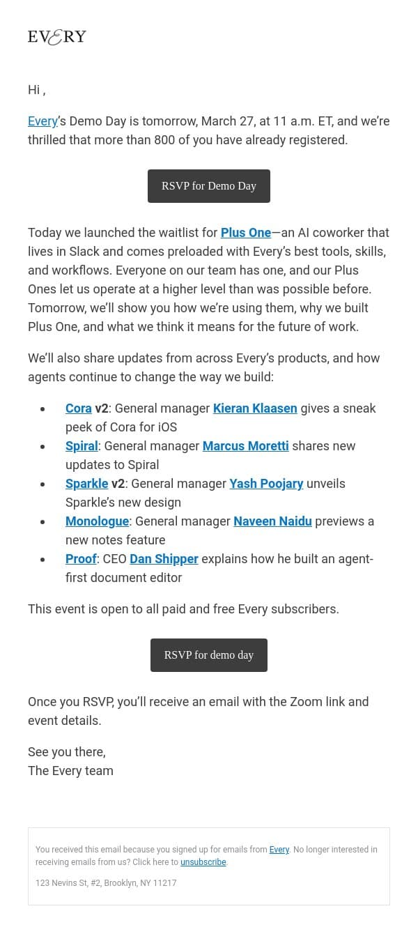 Every’s Demo Day is tomorrow—featuring a first look at Plus One email from Every screenshot
