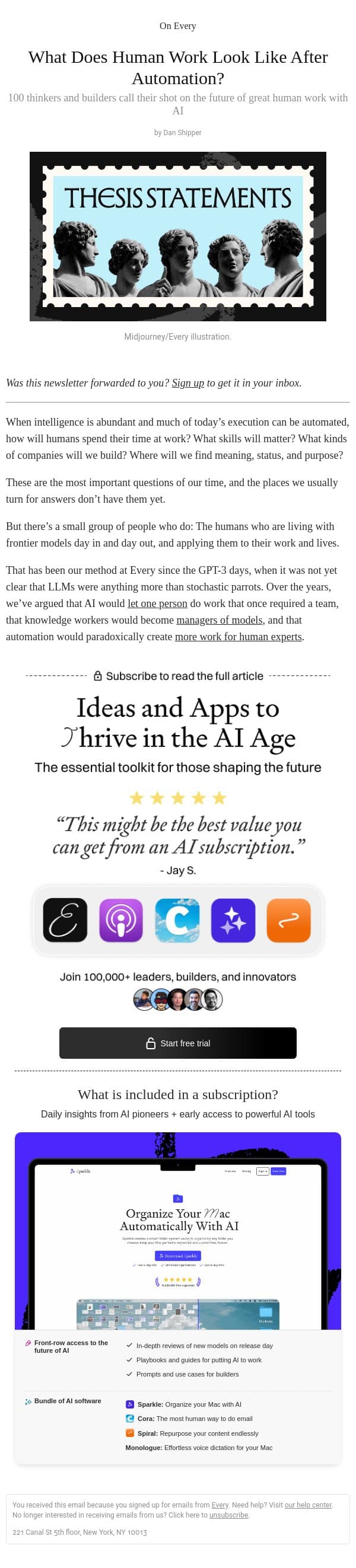 What Does Human Work Look Like After Automation? email from Every screenshot