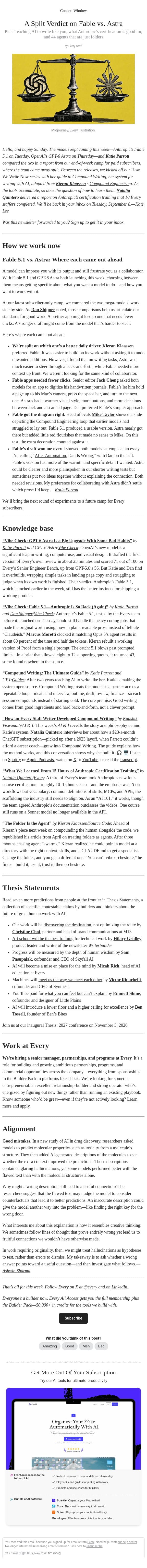 A Split Verdict on Fable vs. Astra email from Every screenshot