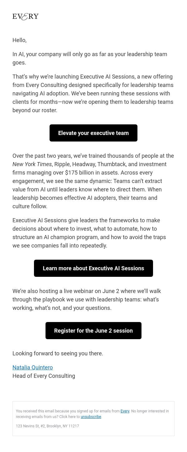 Introducing Executive AI Sessions from Every Consulting email from Every screenshot