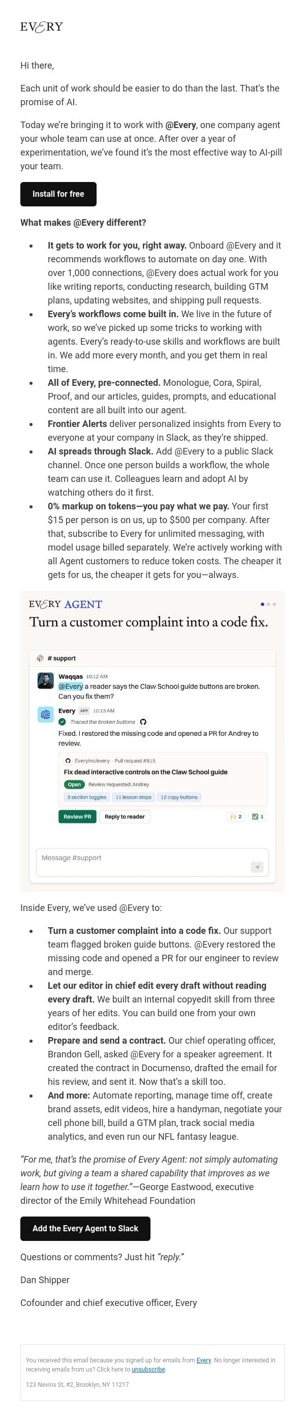 Launching Today: @Every, our Slack agent email from Every screenshot