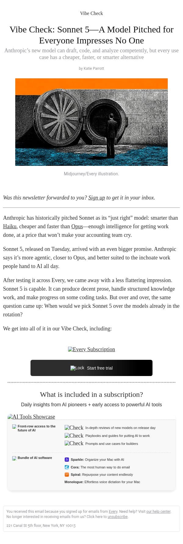 Vibe Check: Sonnet 5—A Model Pitched for Everyone Impresses No One email from Every screenshot
