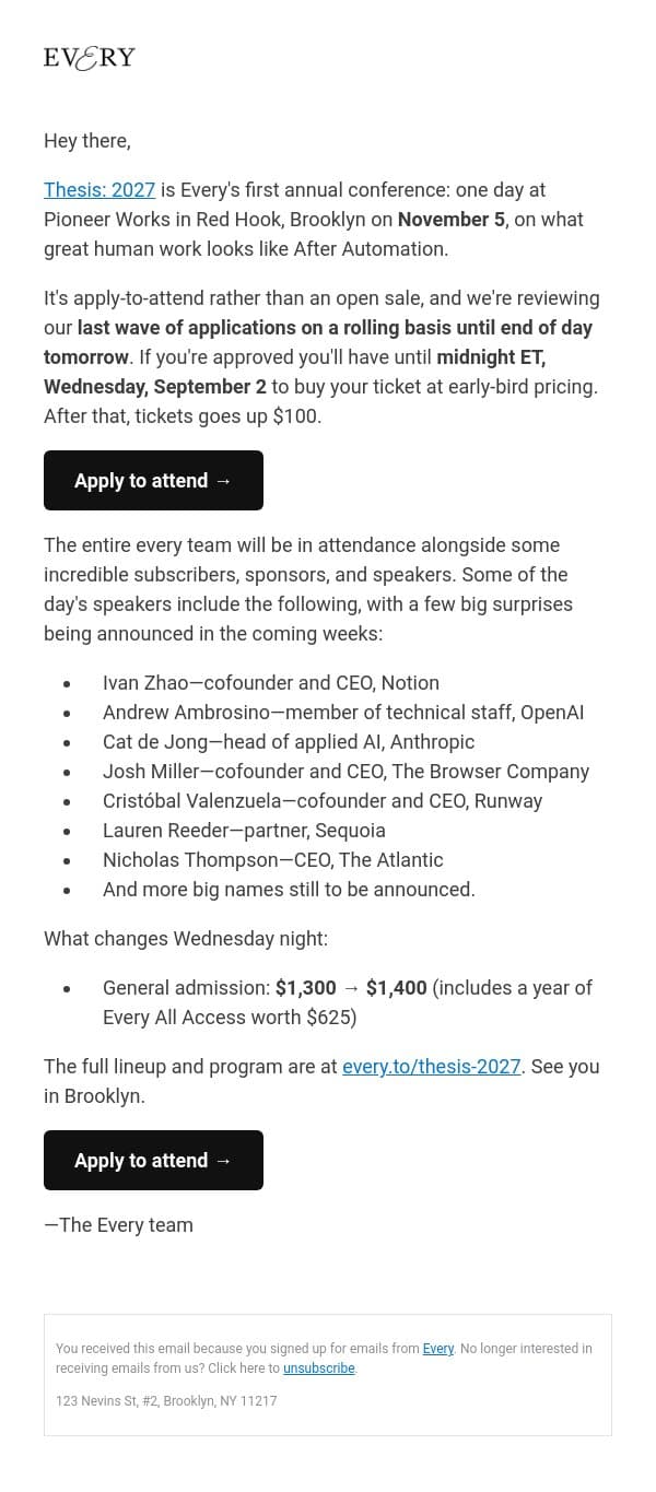 Apply to Thesis: 2027 before early-bird pricing ends in 36 hours email from Every screenshot