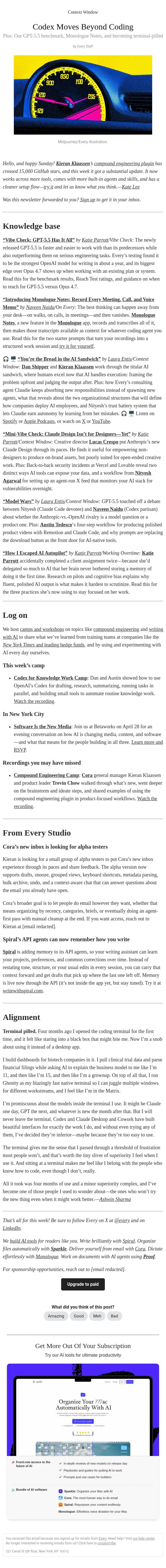 Codex Moves Beyond Coding email from Every screenshot