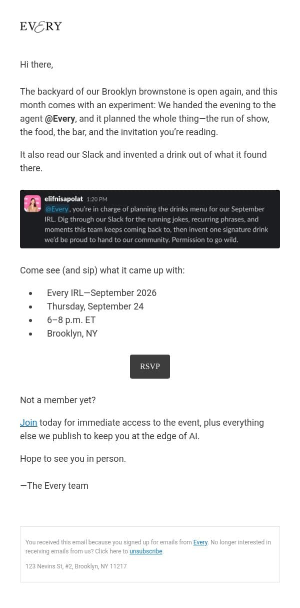 Every NYC Meetup, September 24: We let the Every agent plan it email from Every screenshot