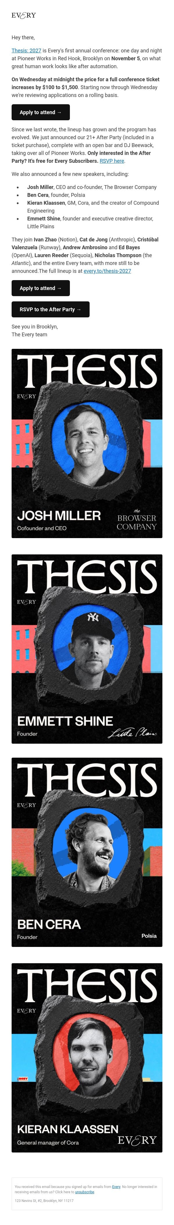 Thesis: 2027 ticket price increases by $100 on Wednesday + the After Party is free email from Every screenshot