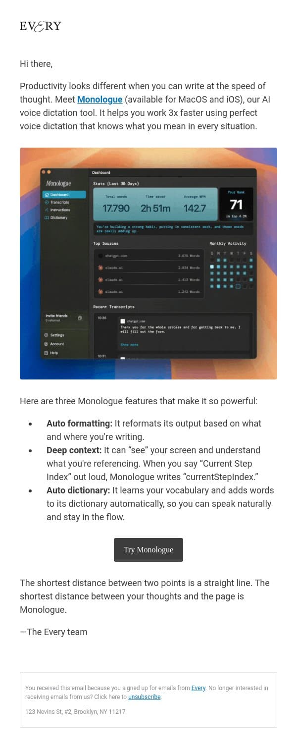 4/9: Effortless voice dictation so you can work 3x faster—try Monologue email from Every screenshot