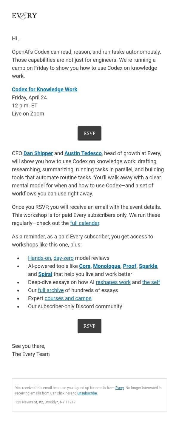 Codex for knowledge work: Live camp this Friday email from Every screenshot