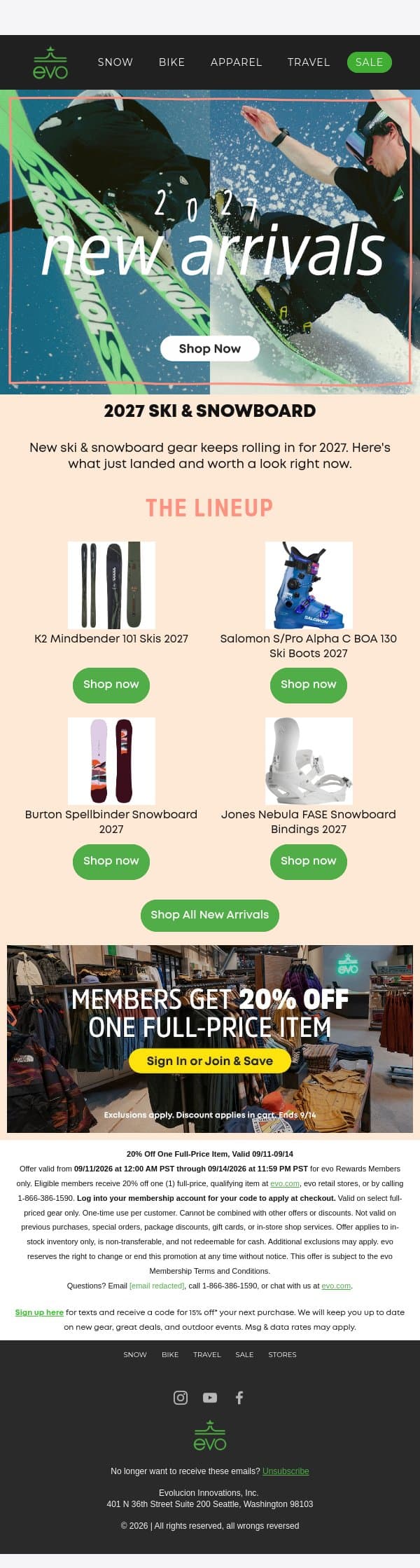 The New 2027 Snow Gear Has Landed email from Evo screenshot